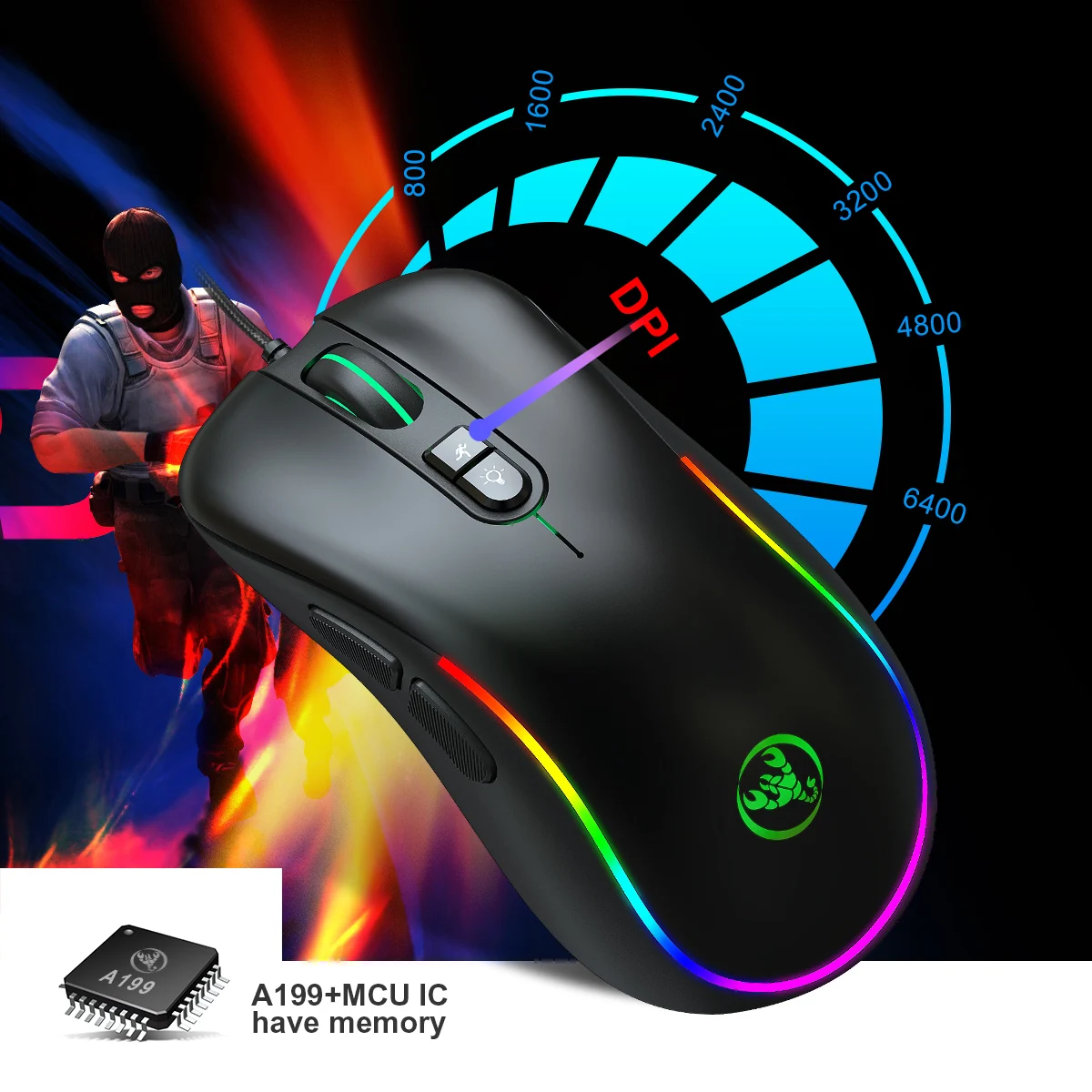 Hot sale HXSJ J300 RGB Lighting Programmable Gaming Mouse ergonomic 7D 6400DPI USB wired mouse game for laptop pc tablet