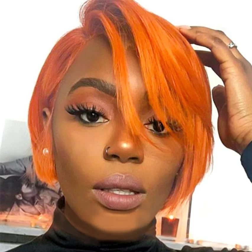 

Orange Short Pixie Cut Wig Straight Human Hair Wigs Transparent 13x4x1 Lace Wig For Women Highlight Straight Pixie Cut Wig