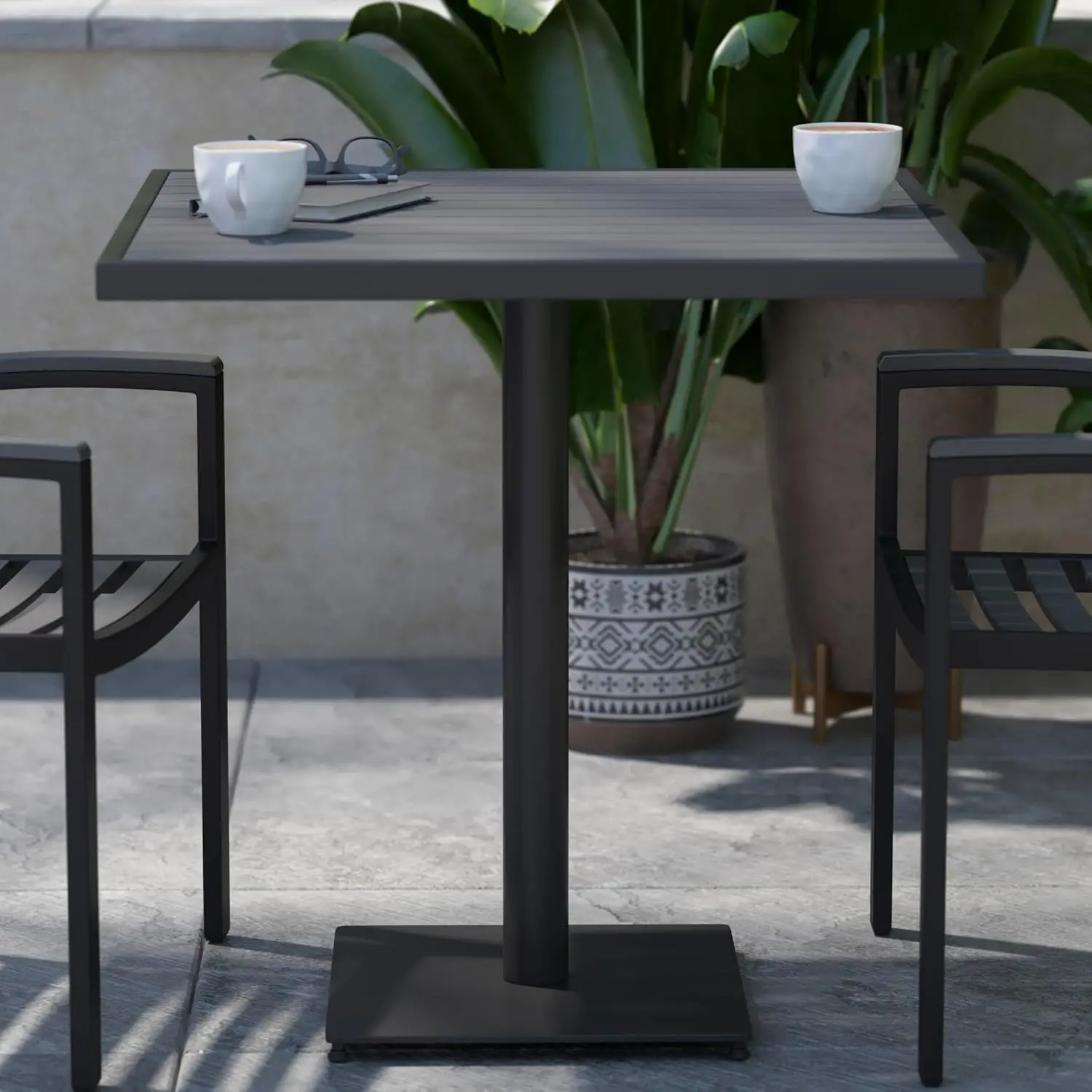 Commercial Outdoor Patio Bistro Dining Table - Faux Gray Wash Teak Poly Slats - 30