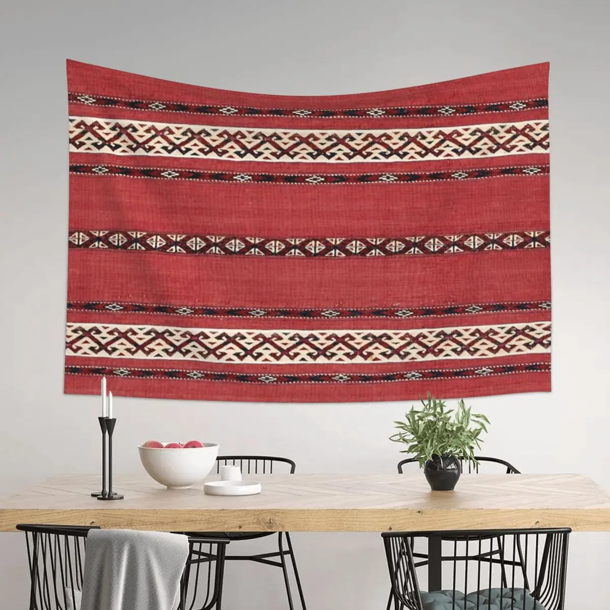 

Triangle Stripe Kilim II 19th Century Authentic Colorful Picture of a Red Black and White Rug Tapestry Home Decorators Tapestry