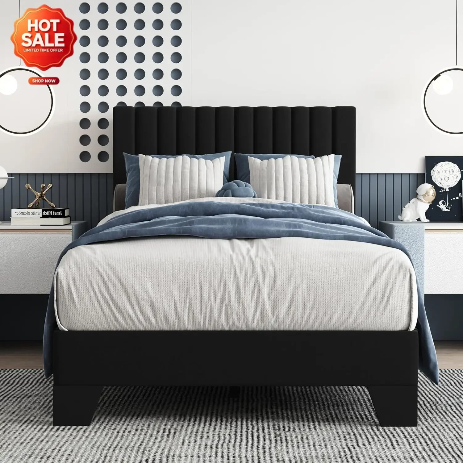 Twin Size Bed Frame, Velvet Upholstered Platform Bed with Adjustable Tufted Headboard, Sturdy Frame and Slats, Noiseless, No Box