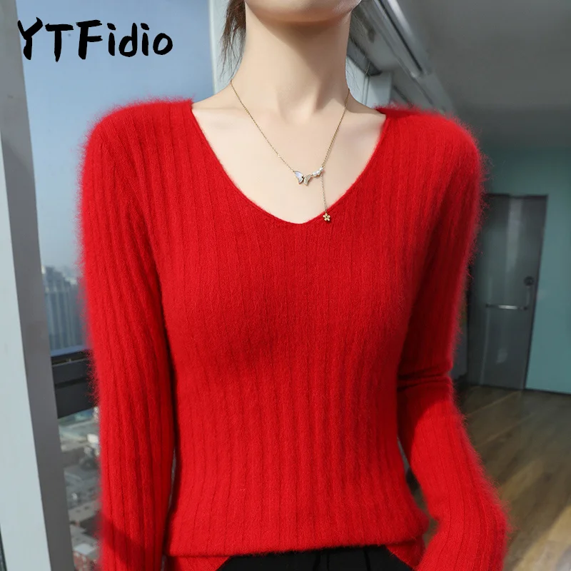 YTFidio Mink Cashmere Sweater  V-Neck Pullover Women Knitwear Vertical Stripes Thick Base Tops Outerwears Knitted Oversized 154