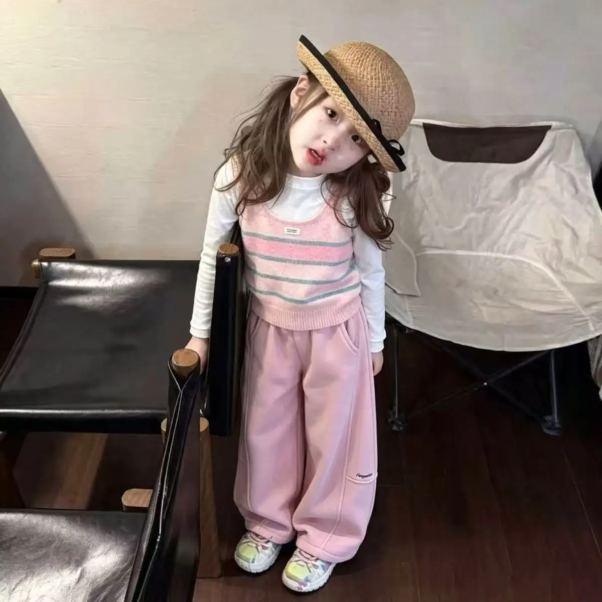 Girls' Spring and Autumn Set 2026 New Children's Sweet Striped Knitted Tank Top Wide Leg Pants 3-Piece Set