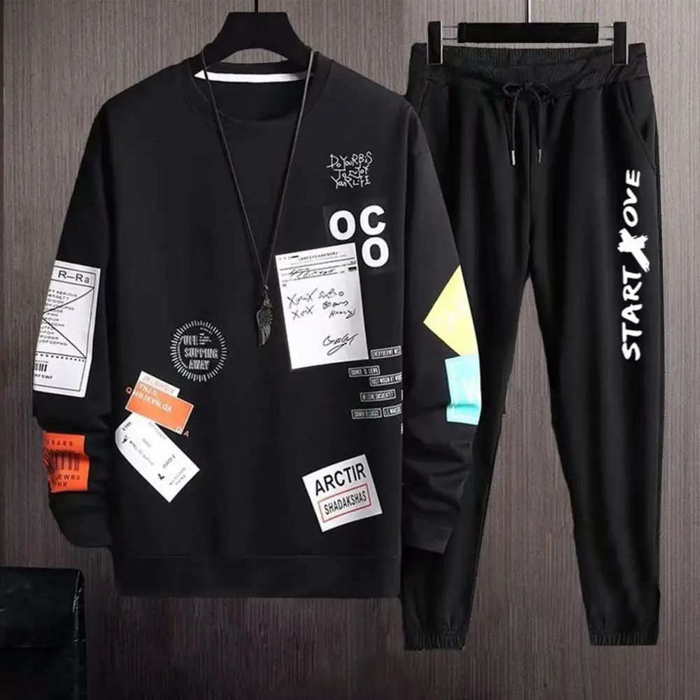 

2 Pcs/Set Men Top Pants Set Drawstring Elastic Waist Long Sleeve Loose Sweatshirt Trousers Set Men Fall Spring Tracksuit