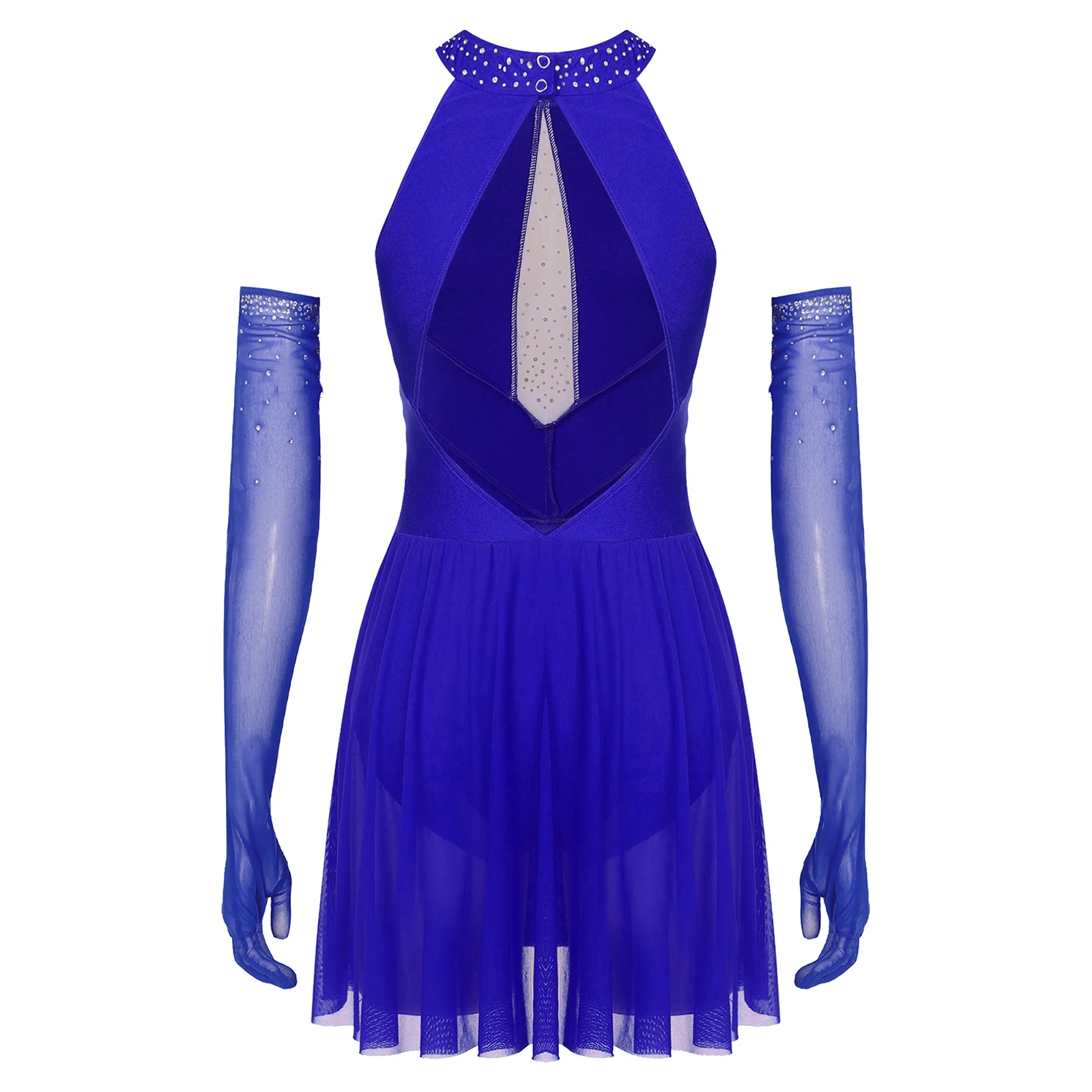 Strój gimnastyczny dla kobiet, sukienka do łyżwiarstwa figurowego, taniec, tańce latynoamerykańskie, zestaw konkursowy, sukienka bez pleców z dżetami, bez rękawów + rękawiczki