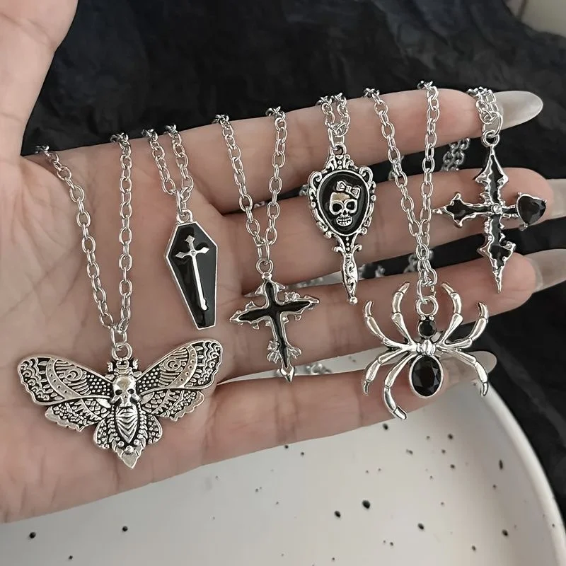 6Pcs Gothic Aesthetic Necklace Set Retro Skull Moth Spider Cross Coffin Mirror Pendant Necklace Punk Jewelry