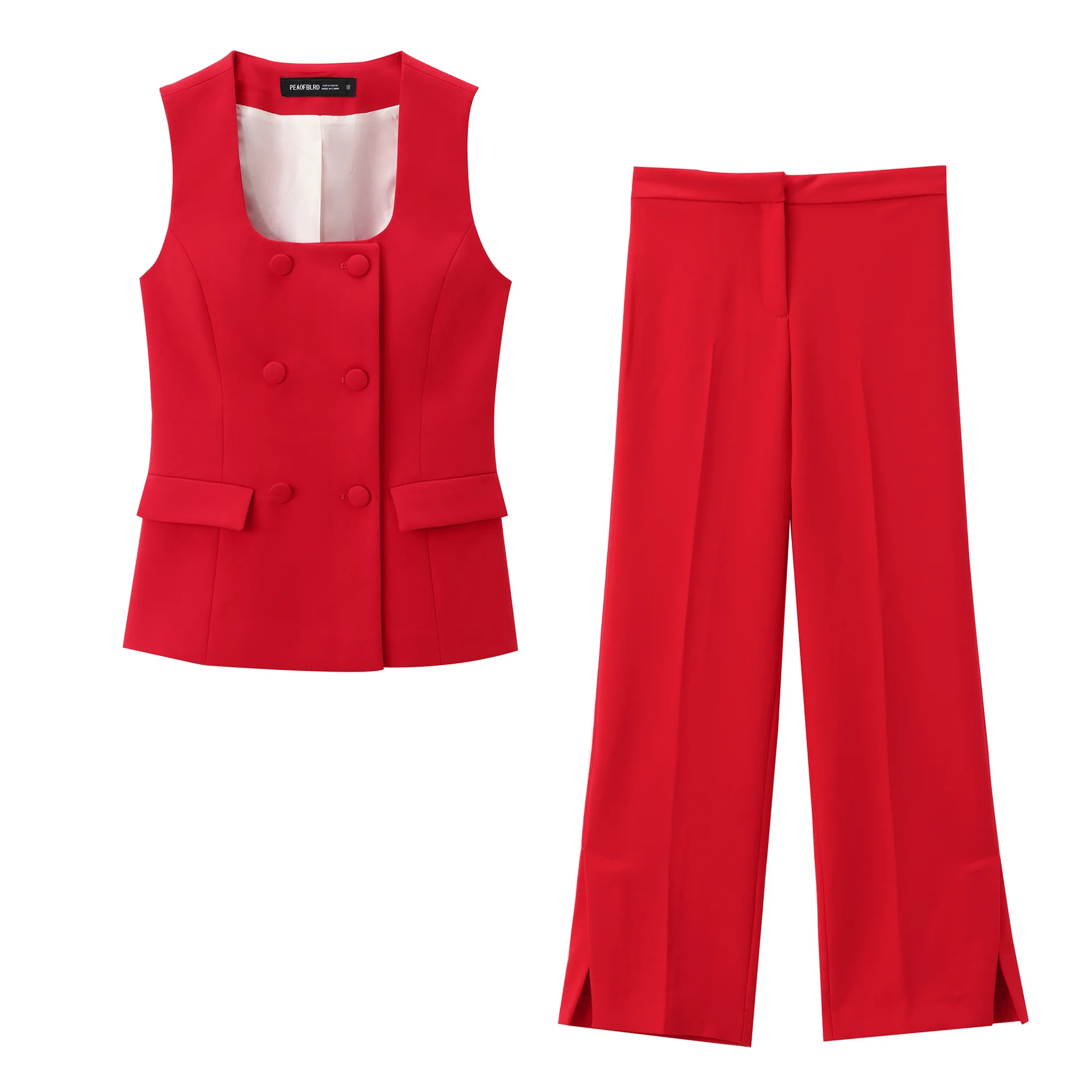

Women's Fashion Suit Square Neck Sleeveless Double Breasted Vest Top Mid-Waist Slim Straight Pants Women's Summer Suit TRAF2024