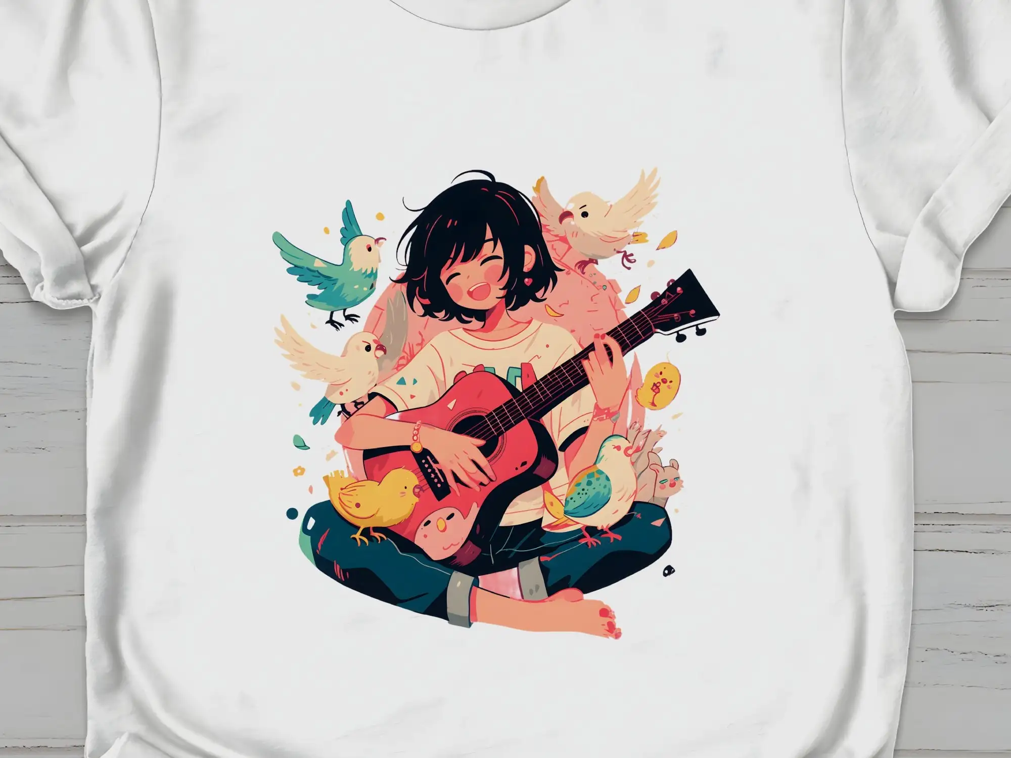 Anime Girl Playing Guitar with Birds T Shirt Unique Manga Inspired Casual Musician and Nature Lover GifT