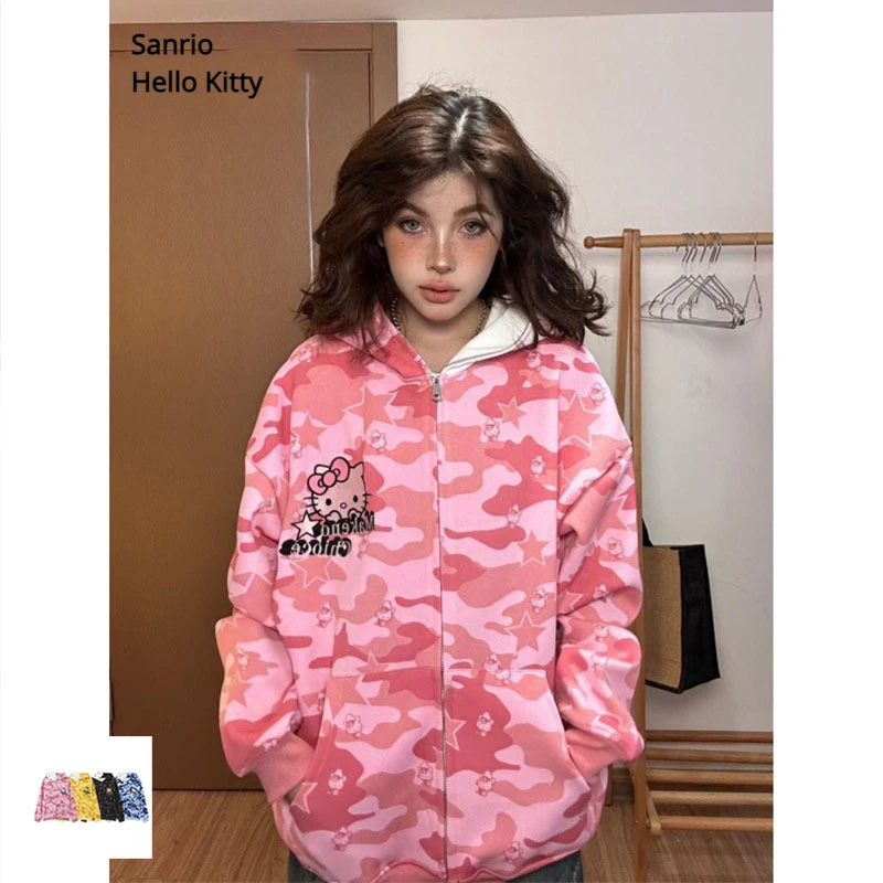 Sanrio Hello Kitty Y2K Zipper Oversize Sweatshirt Women Jacket Cute Cartoon Vintage Patchwork Camouflage Hoodie Versatile Jacket