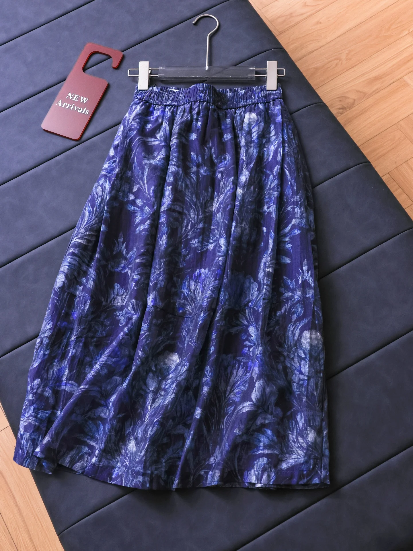 Lace Mixed Medium Length A-Line Skirt Floral Print Slimming Hip Covering Iris Blue Women's High Waist Half Body Skirt