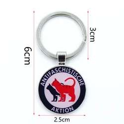 Antifa Aktion Enamel Red Black Cats Glass Pendant Keychain Jewelry Charm Bag Souvenir Key Ring