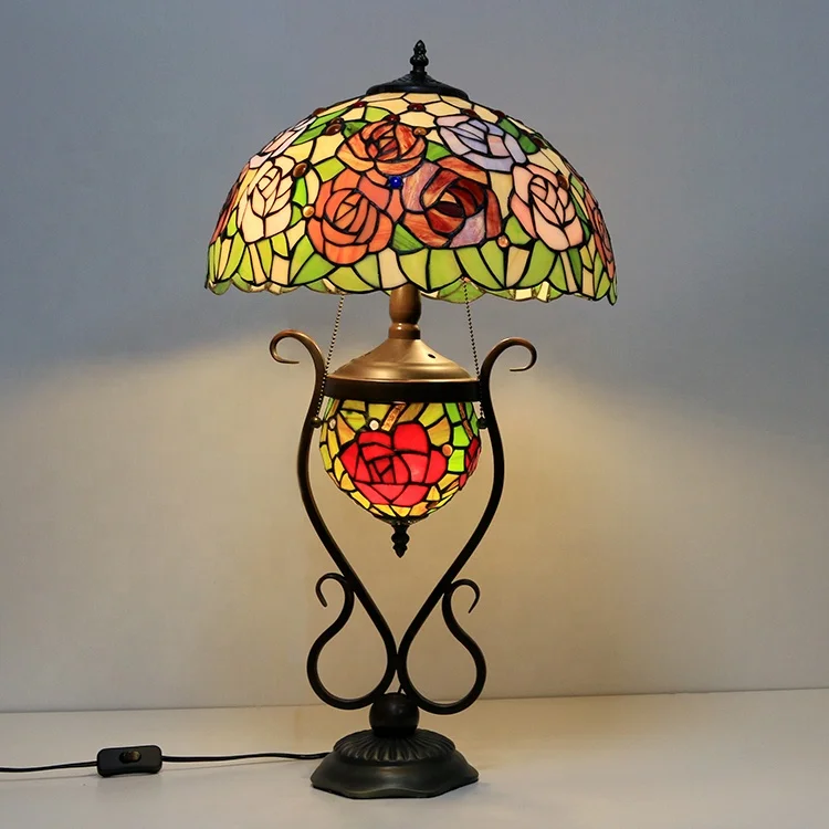 

European 16-Inch Dome Vintage Tiffany Stained Glass LED Table Lamp AC Power Double Light Bedroom Bedside Art