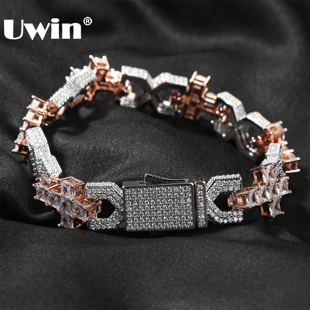 UWIN 2 Tone  X and Cross Shape Link Chain Bracelets for Men 14mm Baguettecz Cubic Zircon Bracelets Hip Hop Jewelry for Rappers