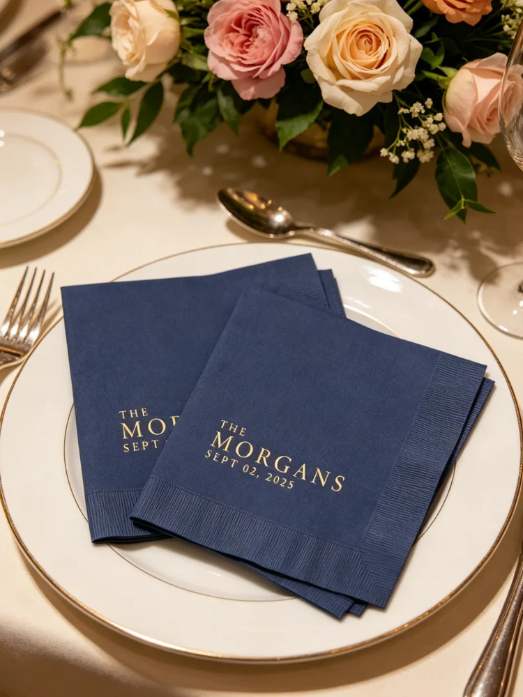 Personalized Custom Foil Printed Cocktail Napkins Modern Disposable Paper Beverage Dinner Napkins Wedding Reception Rehearsal