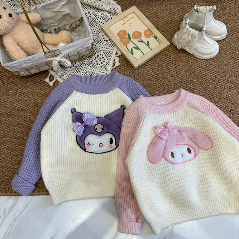 

2023 Sanrio Sweater Children Kawaii Kuromi Mymelody Pullover Underlay Student Autumn New Girls' Sweater Warm Cartoon Top Outwear