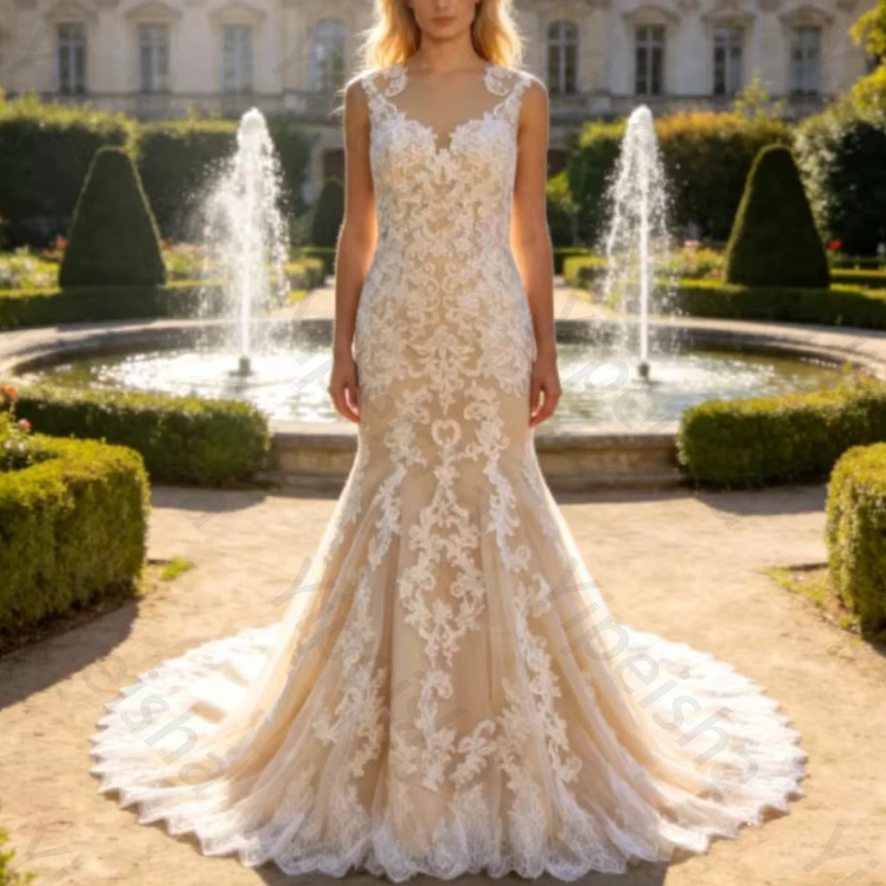 Customized Elegant Vintage Lace Sleeveless Wedding Dresses Sexy Backless Fishtail Dress Exquisite High Quality Prom Party Gowns