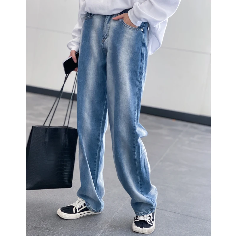 

Casual Chic adient Pattern Loose Wide Leg Jeans High Waist Straight Tube Pants Versatile Autumn Long Jeans Light Blue Color