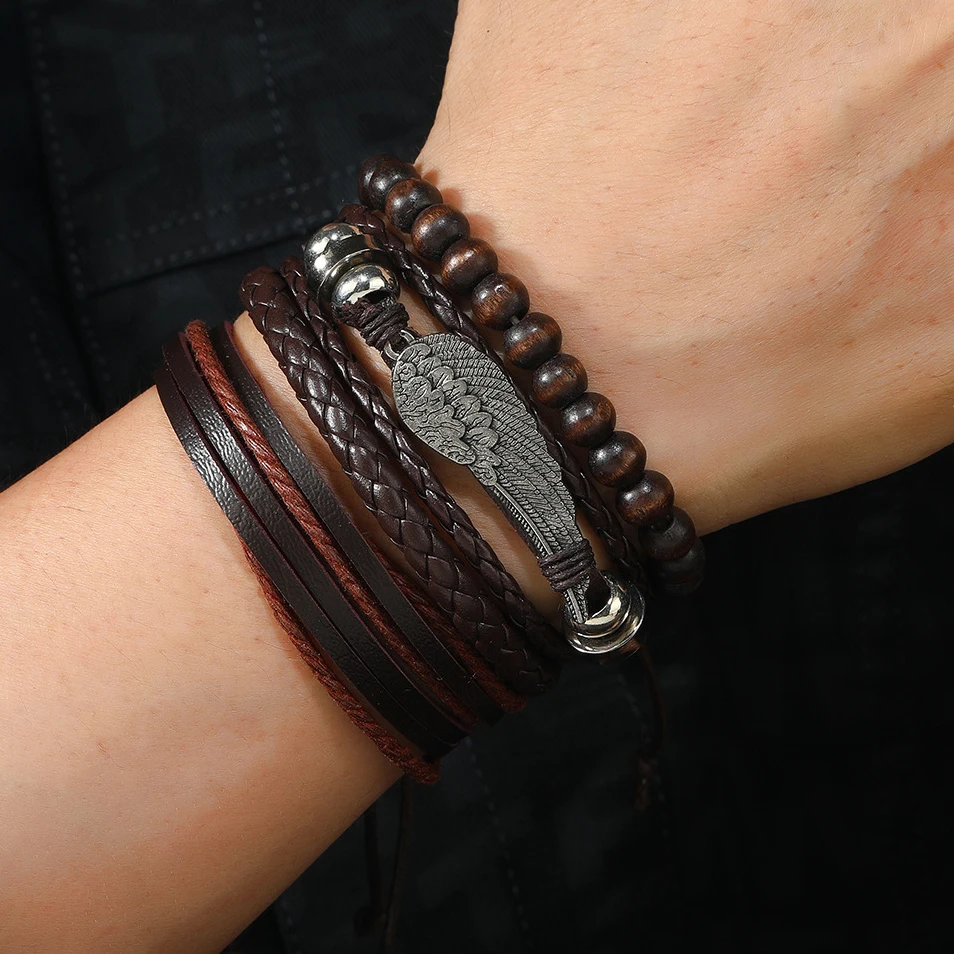 Leather Bracelet For Men New Fashion Feather Retro Style Bracelet Beads, Hand-Diy Woven Leather Bracelet Set