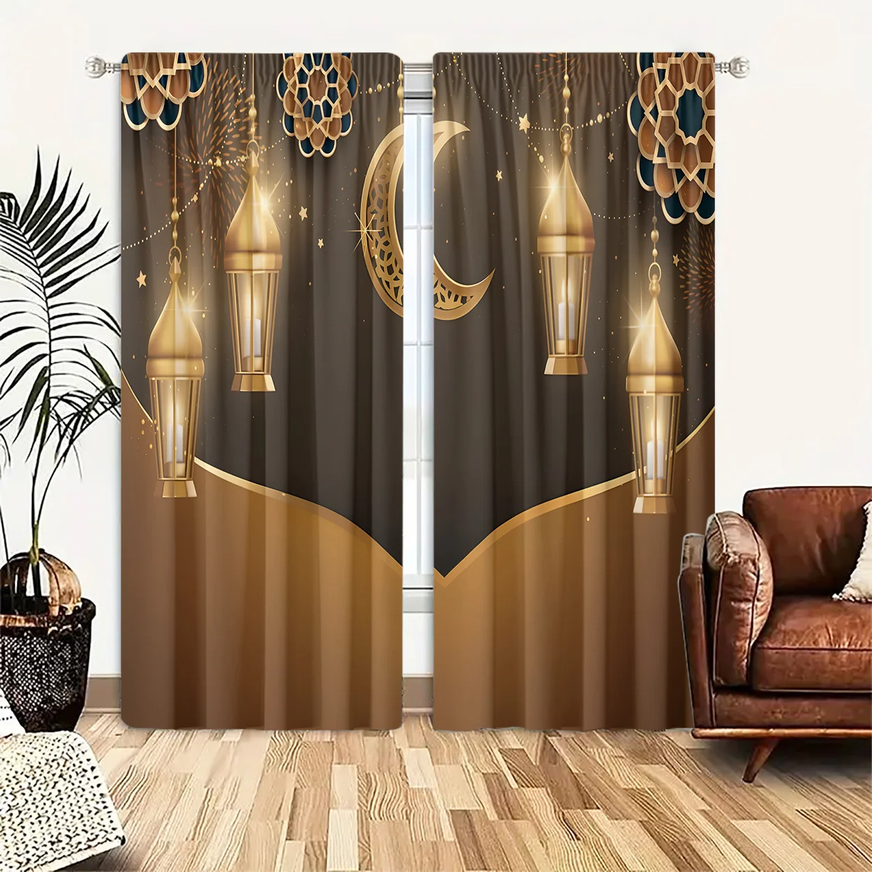 2pcs golden lantern moon pattern curtain for living room bedroom privacy and decor polyester fabric Without curtain rod