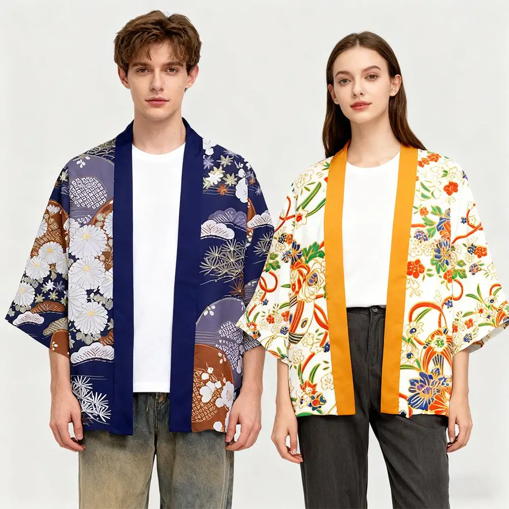 

Japanese Traditional Kimono Cardigan Unisex Fashion Vintage Floral Print Tops Daily Loose Casual Lightweight Breathable Clothes