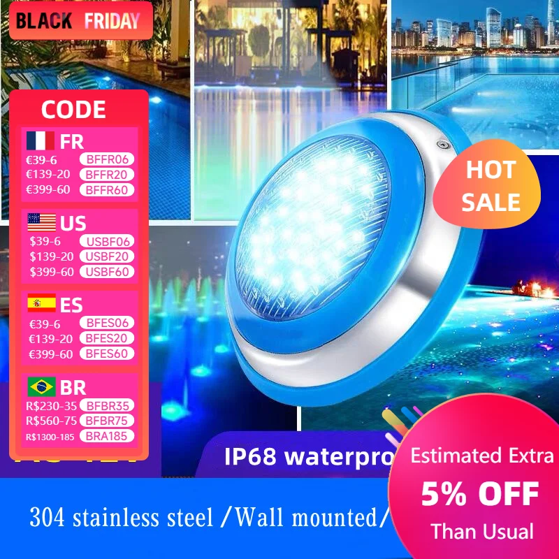 LED304 stainless steel pool light, IP68 waterproof AC12V underwater light, white/warm white RGB remote control, outdoor lighting