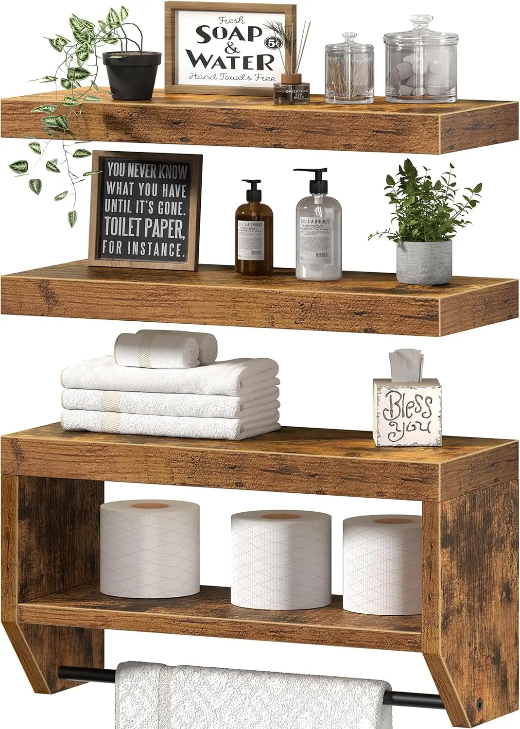 

Floating Bathroom Shelves Set of 3, Rustic Brown, Over Toilet Paper Storage, Farmhouse Style