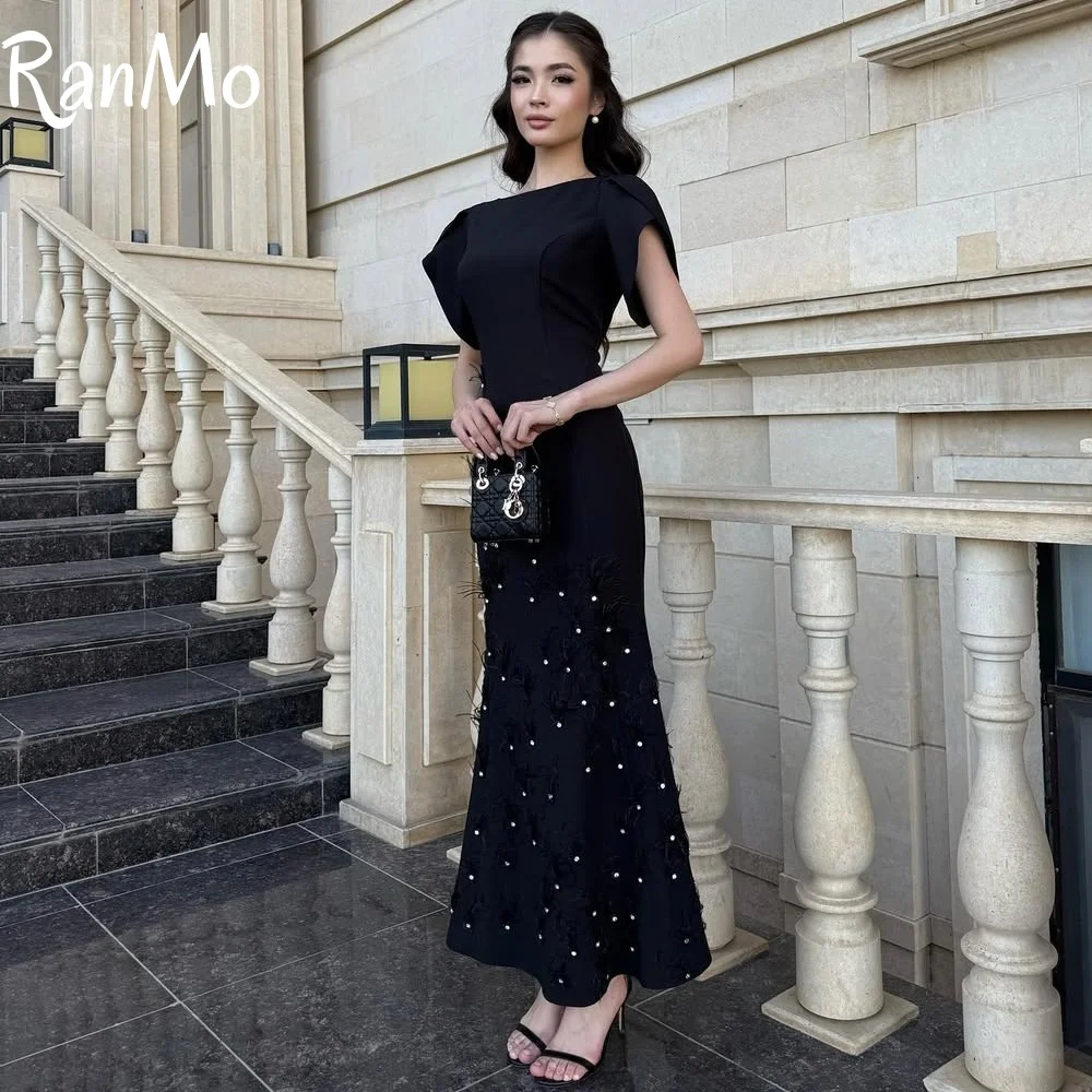 

Ranmo 2025 длинное платье с перьями и жемчугом, элегантное черное вечернее платье русалки с талией, расшитое бисером, наклонное плечо, до щиколотки, по индивидуальному заказу