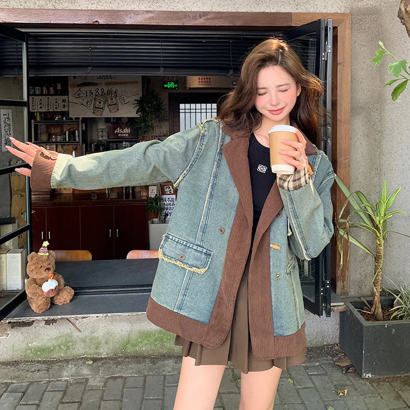 

SuperAen Vintage Corduroy Patchwork Denim Suit Jacket for Women's Spring and Autumn 2025 New Design Long-sleeved Casual Coats