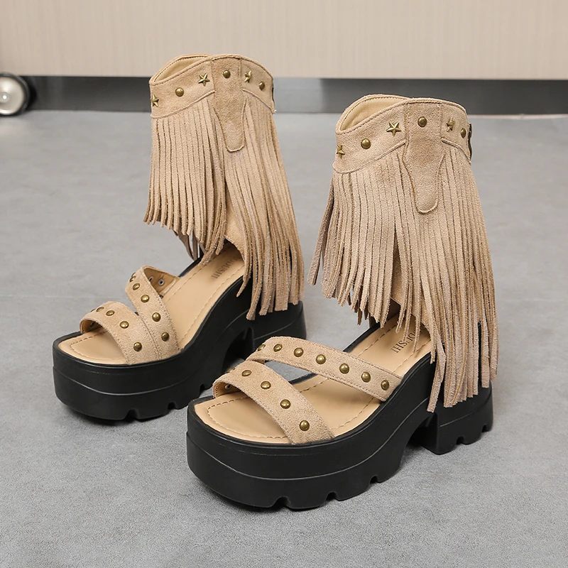 Sandalias de Plataforma para Mujer, Sandalias Romanas de Cuña de Moda, Botines con Recortes, Botas Frescas con Cremallera, Borlas y Puntera Abierta, Sandalias