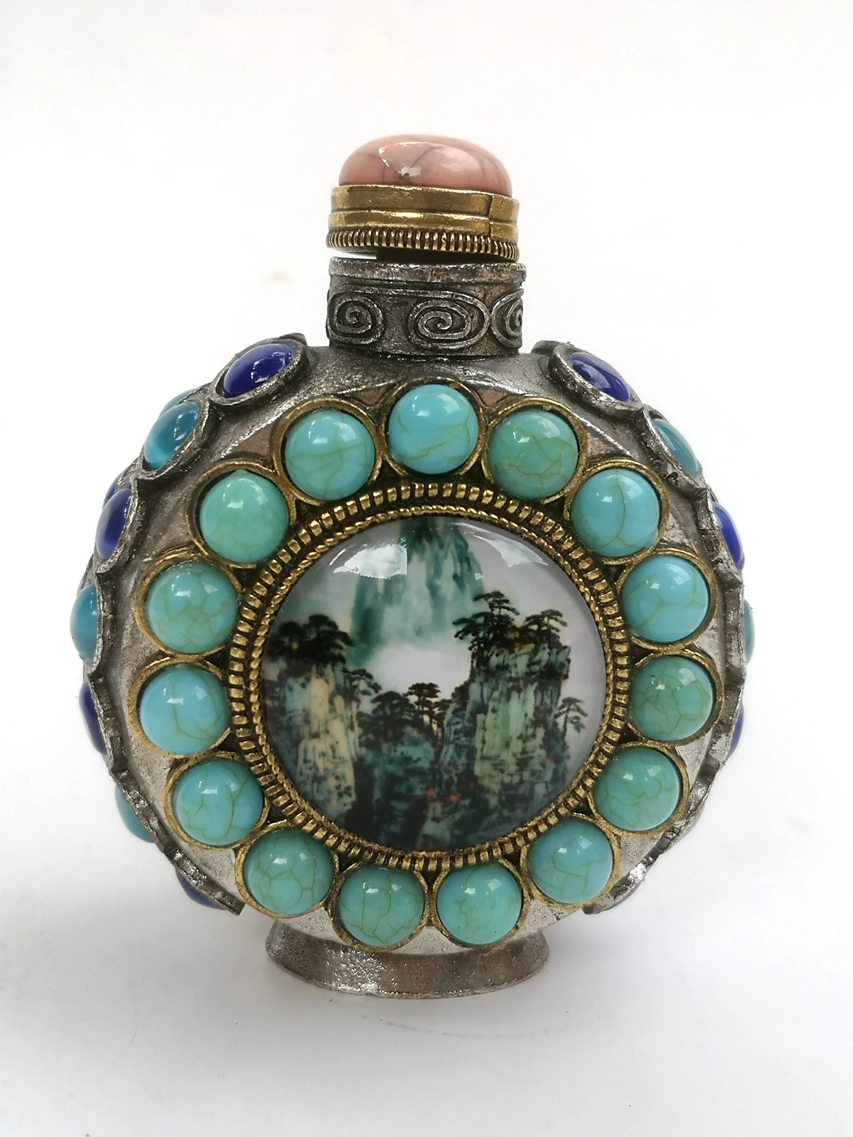 

CULTUER ART Collection Old Chinese Tibet Silver Hand Inlay Jewelry Painting Landscape Snuff Bottle Decoration Gift