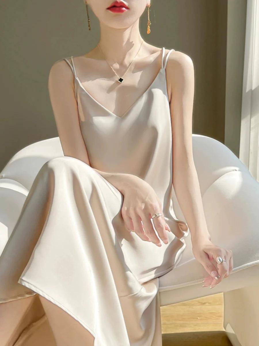 T-shirt en soie et acétate pour femme, robe à bretelles, double sangle, jupe longue en satin qui fuit à la taille, ligne a, silhouette V-ne longue D...