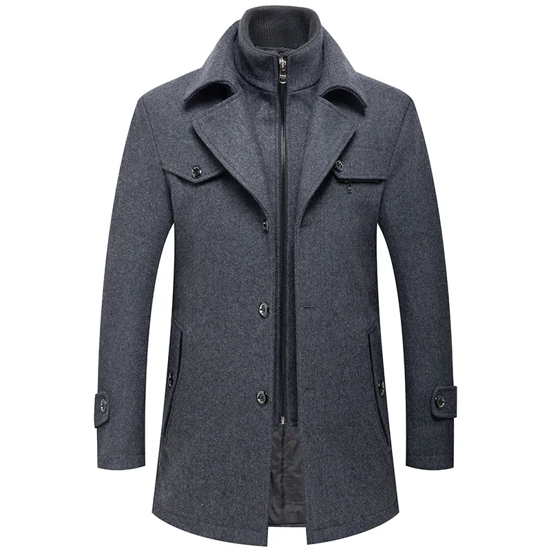 

Winter Jacket for Men Business Causal Woolen Coat Fashion Detachable Double-layer Collar Wool Blends Coat Thick Warm Long Coat