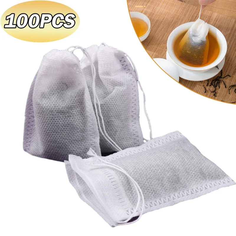 

100Pcs Disposable Teabags Non-Woven Fabric Tea Filter Bag for Spice Tea Infuser with Draw String Filter Paper for Herb Loose Tea