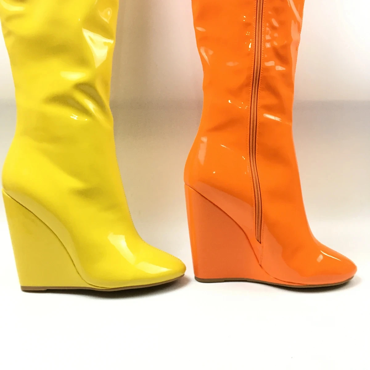 Women\'s Over the knee boots High Heels Wedge Shoe Winter Thigh Heigh Long Boots Orange & Yellow Patent Full Zipper Customized