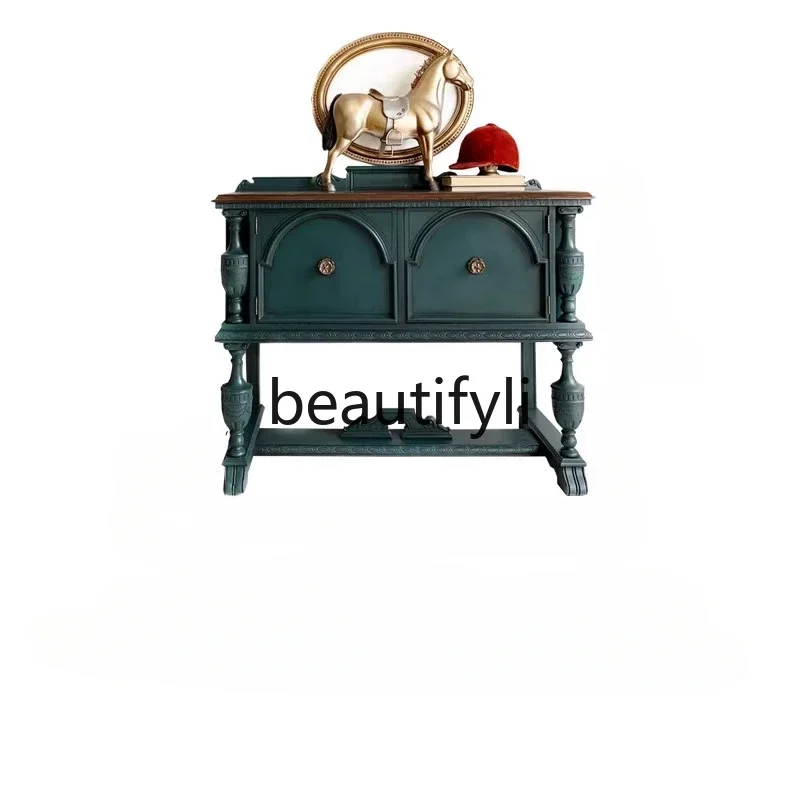 French retro wind solid wood carving flower porch dining side cabinet villa art living room decorative cabinet