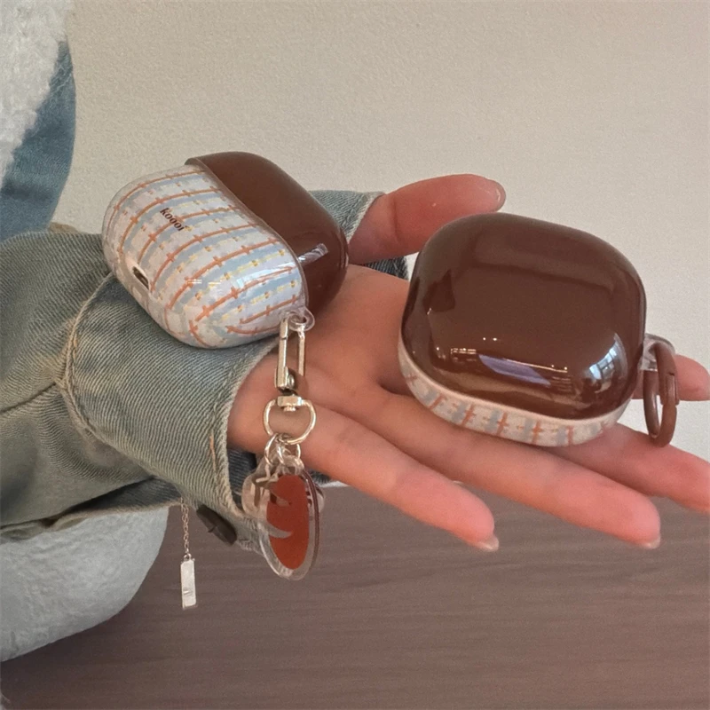 Blue Brown Grid Pattern Glossy Earphone Case For Samsung For Galaxy Buds 4 2 Pro Live Cases For Buds 3 Pro Core Headphone Cover