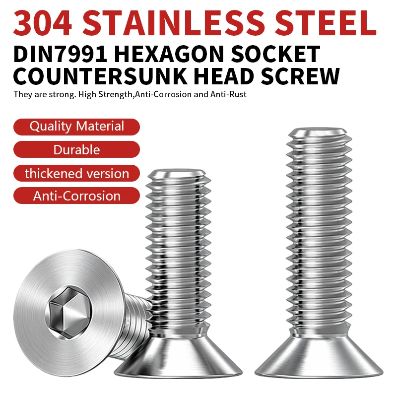 304 Stainless Steel Hexagon Socket Countersunk Head Screw DIN7991 M3 M4 M5 M6 M8 M10 M12 Allen Head Bolt Hardware Fastener