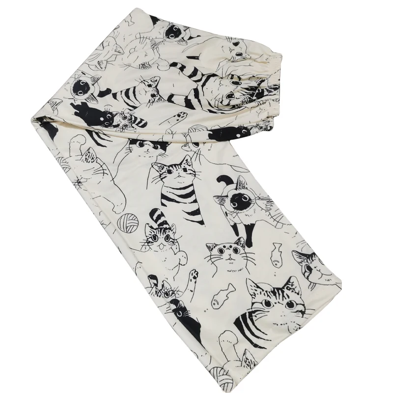 السراويل المنزلية في الهواء الطلق للنساء بيجامة السراويل لينة مريحة الكرتون مو القط معركة كبيرة مرونة الخصر طالب فضفاض النوم السراويل