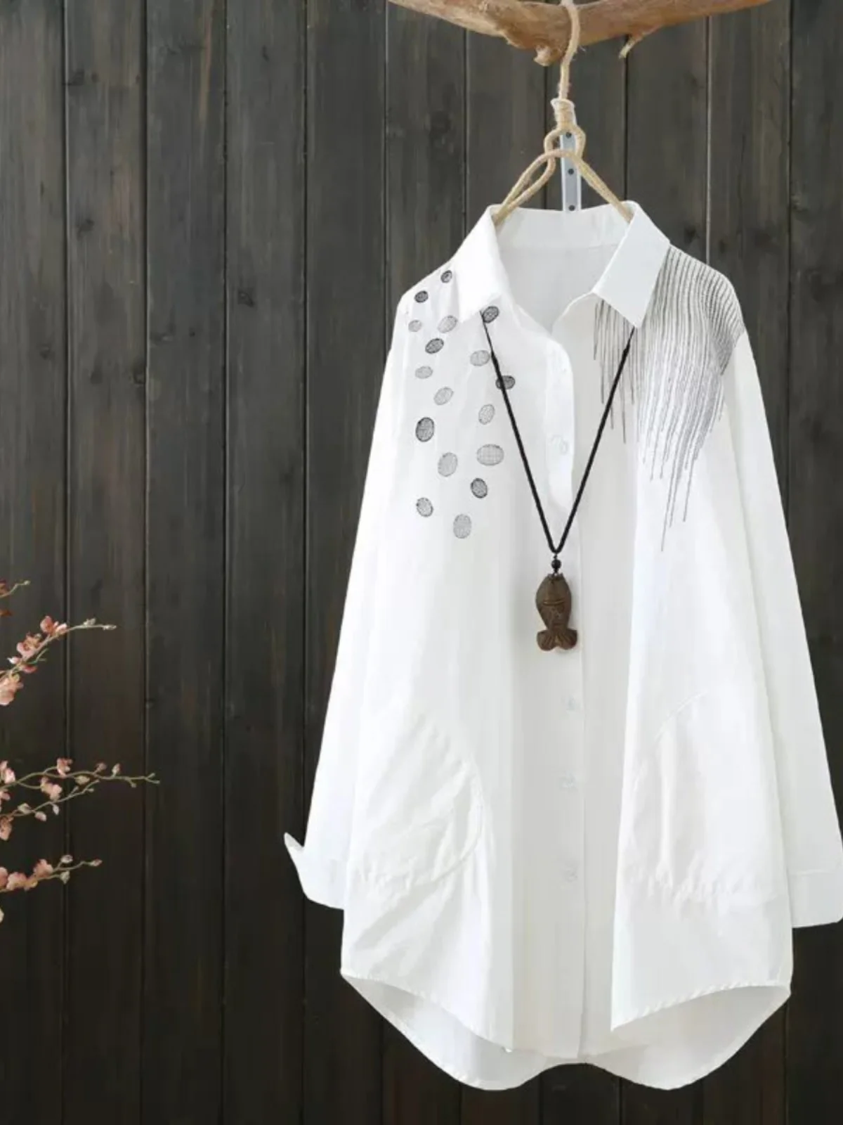 

Белый тюнер с вышивкой в стиле ретро, женский весенне-осенний топ средней длины, базовый корейский длинный воротник с воротником-стойкой