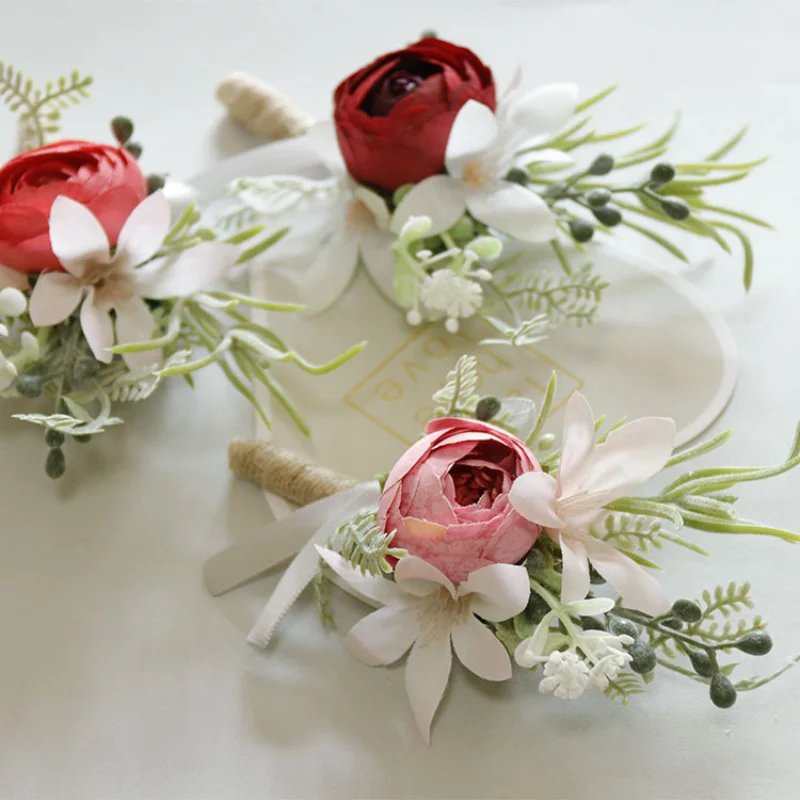 вечірні сукні Artificial Flowers Buttonhole Groom Boutonniere Corsage Bracelet Bridesmaid White Pink Silk Brooch Marriage Pins