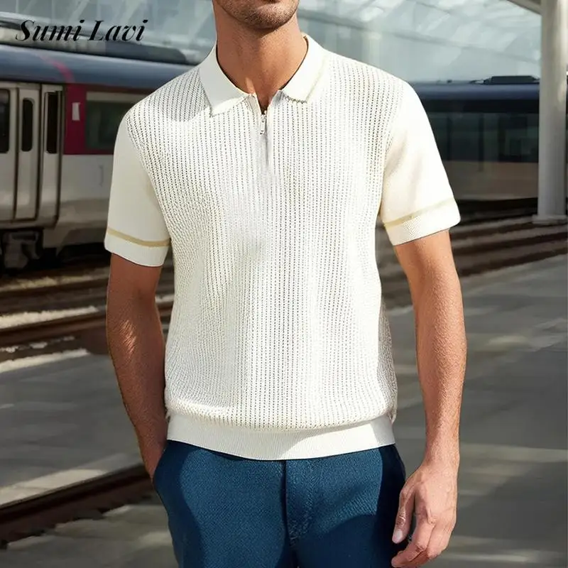 

Stylish Contrast Color Striped Knit Tops Mens Vintage Zipper Polo Collar T Shirts For Men 2025 Summer Casual Short Sleeve Polos