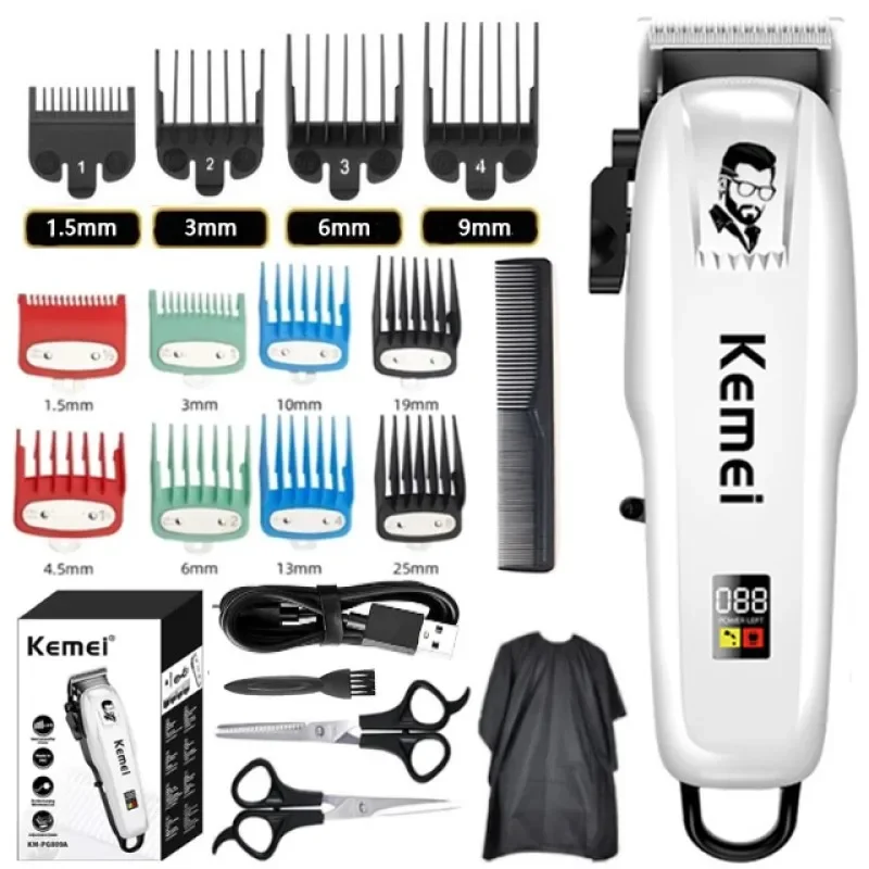 Tondeuse à cheveux électrique professionnelle Kemei PG809A réglable et puissante pour hommes, sans fil, avec écran LED