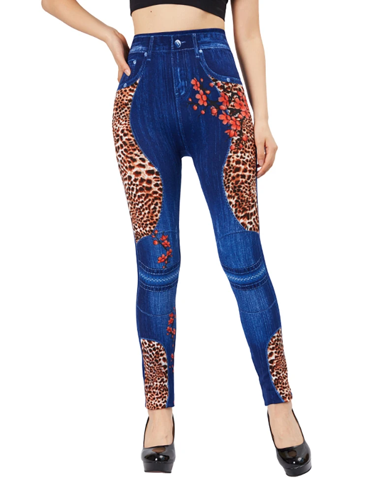 CUHAKCI Leopard Plum Blossom Print Fake Jeggings Women Slim Fit Pencil Pants Stretch Blue False Jeans Imitation Denim Leggings