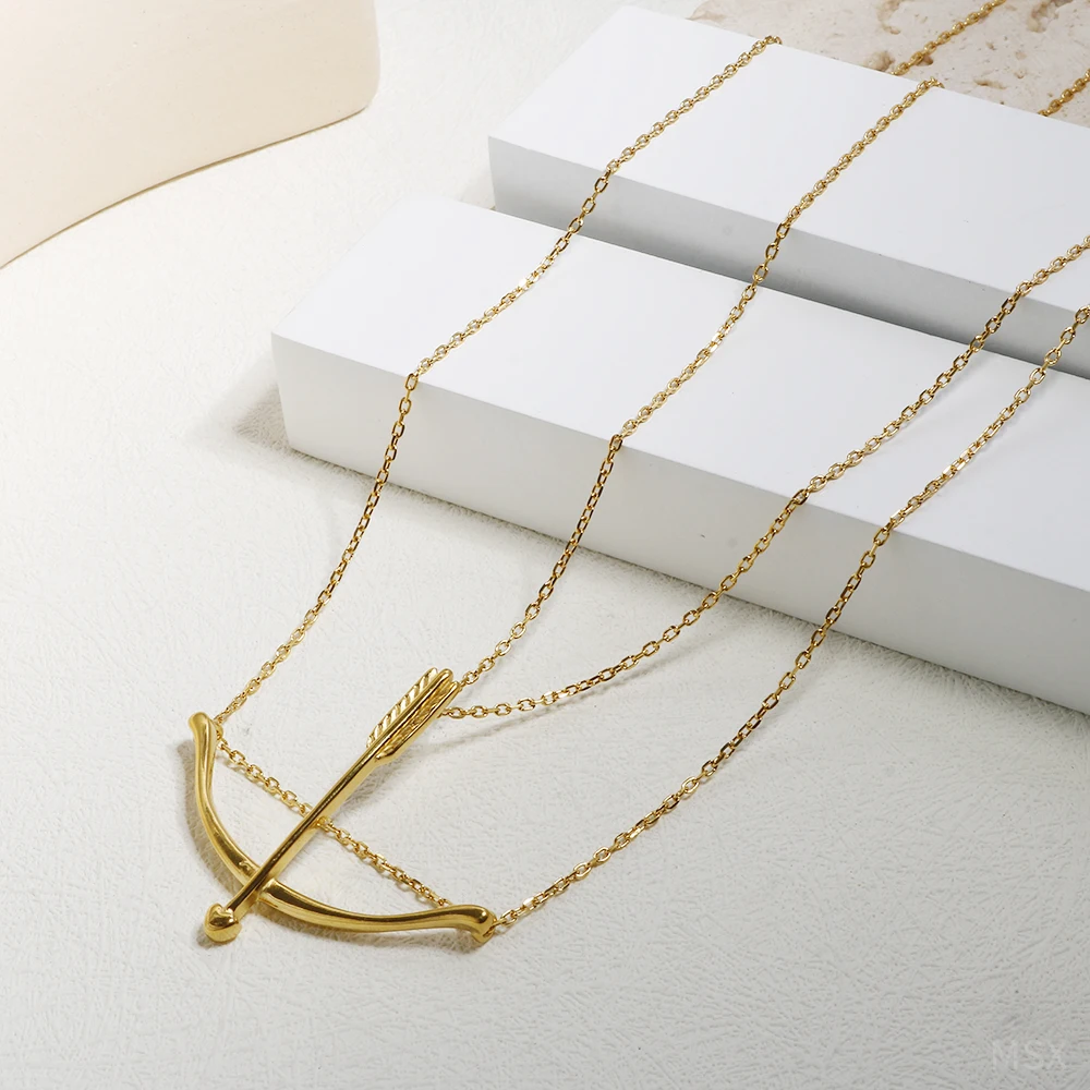 Vintage Stainless Steel Archer Necklace for Women Gold Color Bow and Arrow Pendant Double Chain Necklace Jewelry