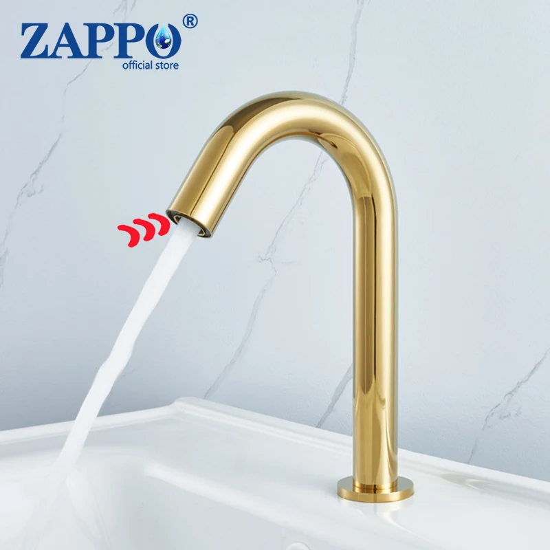 ZAPPO Gold Electronic Automatic Sensor Touchless Faucet Hands Free Bathroom Vessel Sink Faucets Mixer Taps Deck Mounted