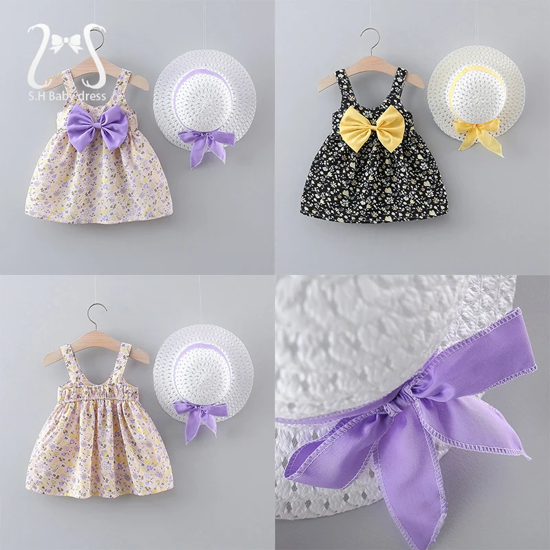 

2Pcs/Set Sweet Floral Bow Beach Baby Girl Dress Summer Cool Cotton Toddler Children Clothes Suit + Hat 0 To 3 Years Infant