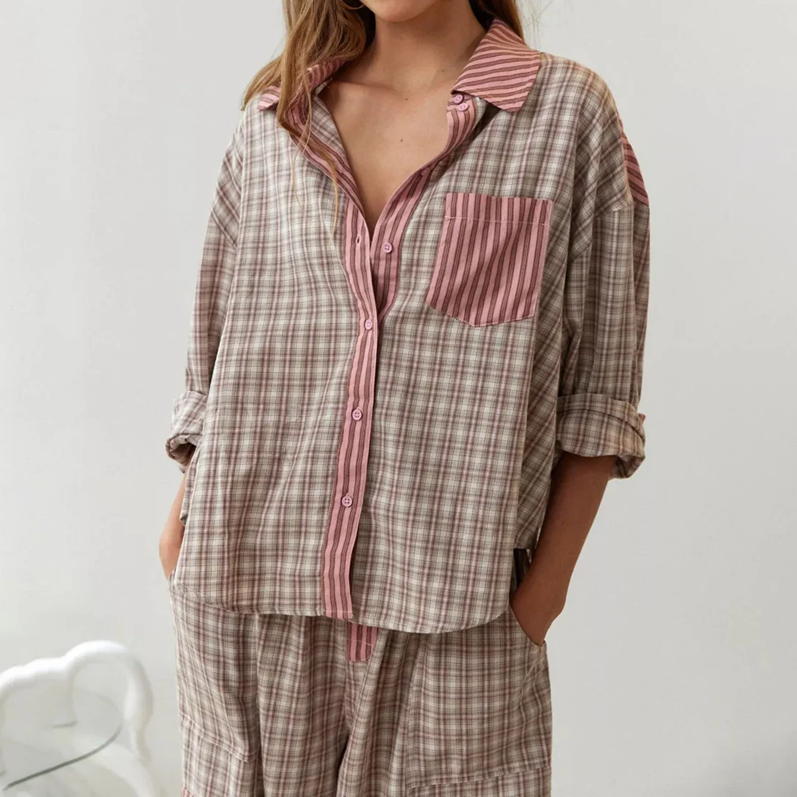 Women Retro Plaid Pajama 2 Piece Set Long Sleeve Button Shirt & Elastic Waist Pants Set Casual Sleepwear Loungewear Homesuit