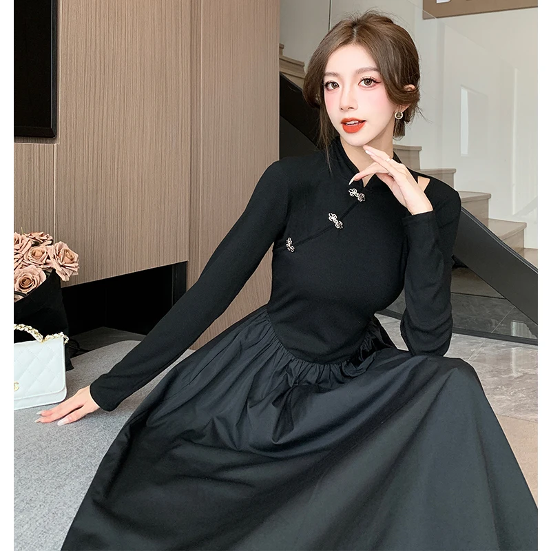 Chinese Style High Quality Fall Winter Black Knitted Sweater Slim Waist Midi Patchwork Dresses Elegant Women Chic Buttons Vestid