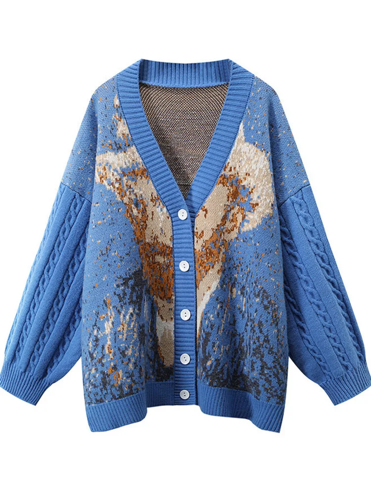 Unisex Cardigan Sweater Harajuku Van Gogh Sunflower Knitted Button Cardigan Women Men Autumn Casual Loose Knit Top Green Blue