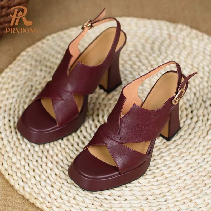 Women\'s Shoes New 2024 Summer Genuine Leather HIgh Heels Black Wine Red Platform Dress Party Office Lady Sandals Shoes Pumps 39